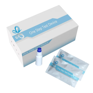 HSV 1 & 2 rapid antibody test kit with components including test cassette, lancet, dropper, buffer solution, and instruction manual.